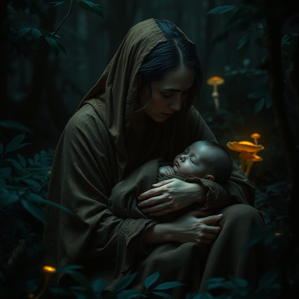 Sorrowful Mother and Child in Bioluminescent Forest