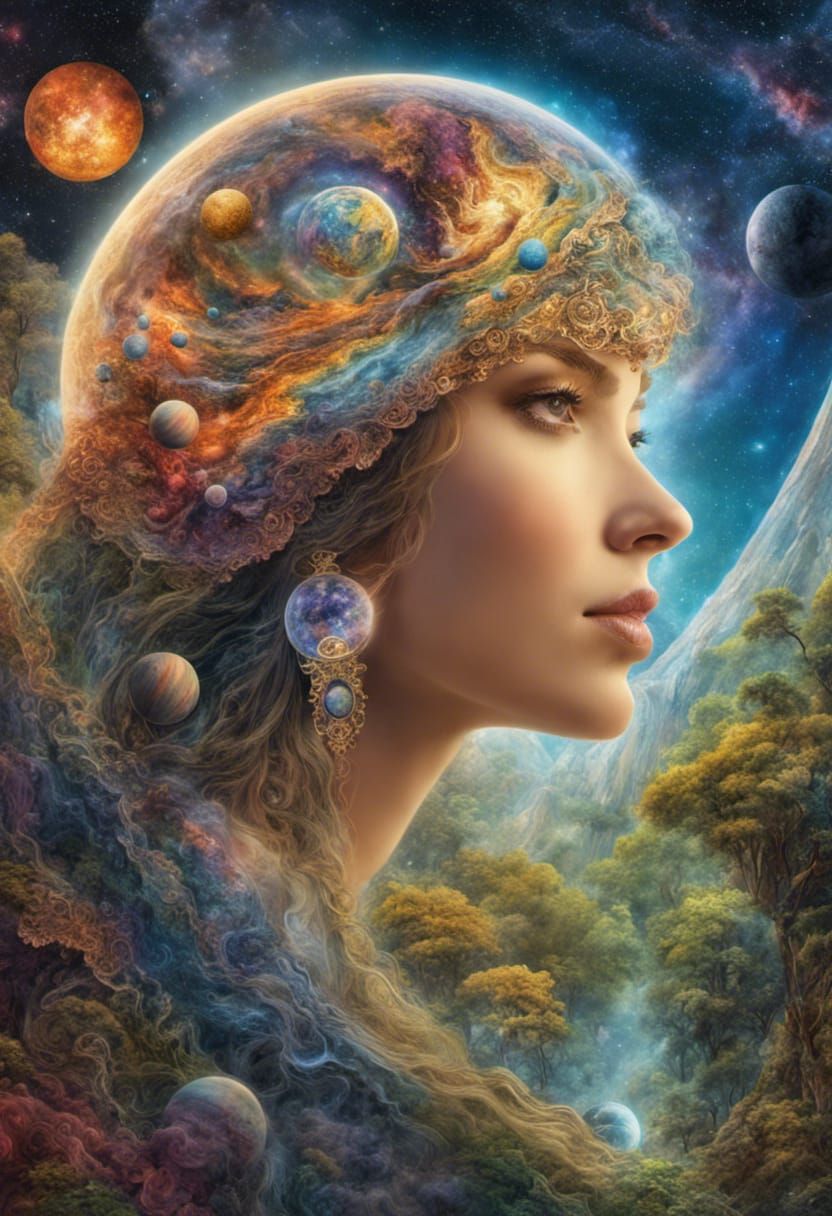 a double exposure of planets, space, galaxies and a gorgeous woman, Artwork by Josephine Wall, astrophotography, fine ...