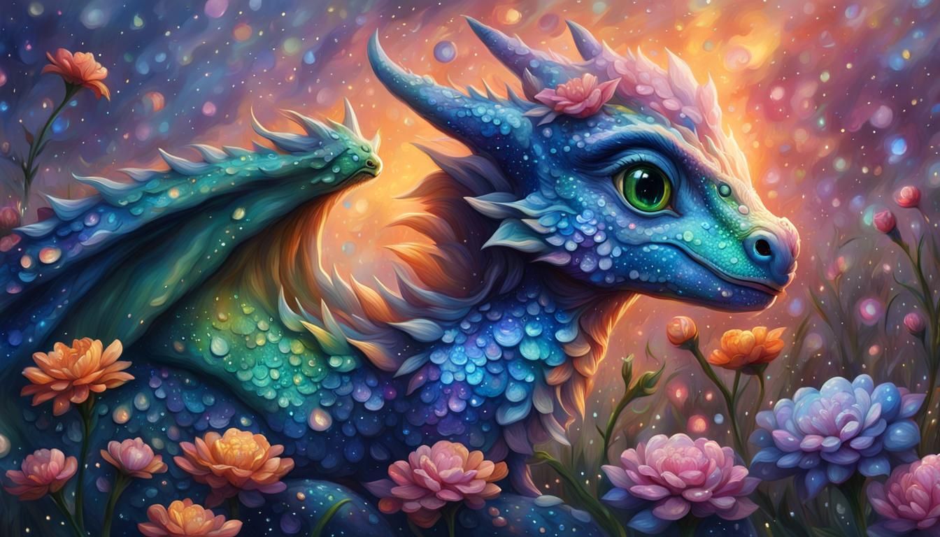 Iridescent Baby Dragon Playing in Flower Rain