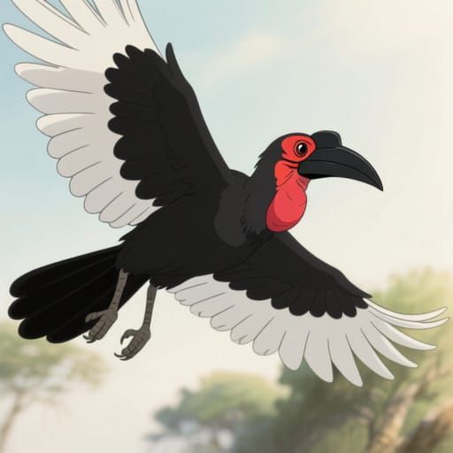 Southern Ground Hornbill in Flight Studio Ghibli Style