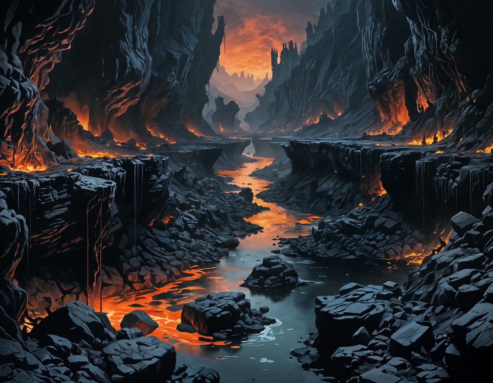 Dark Underworld Landscape in Fiery Hues