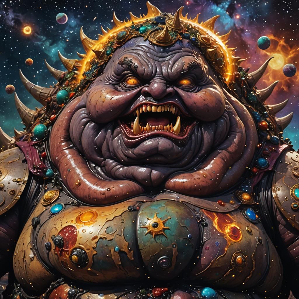 Grotesque Obese Villain Devours Universe in Fantasy Art
