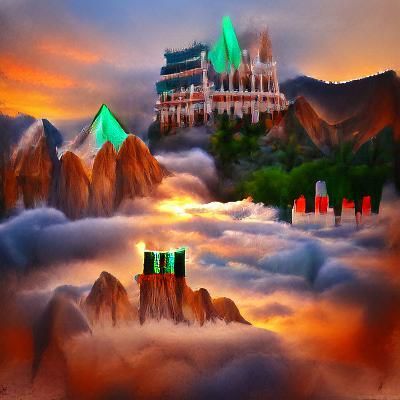 Gothic Jade Palace Towers Above Clouds at Sunset