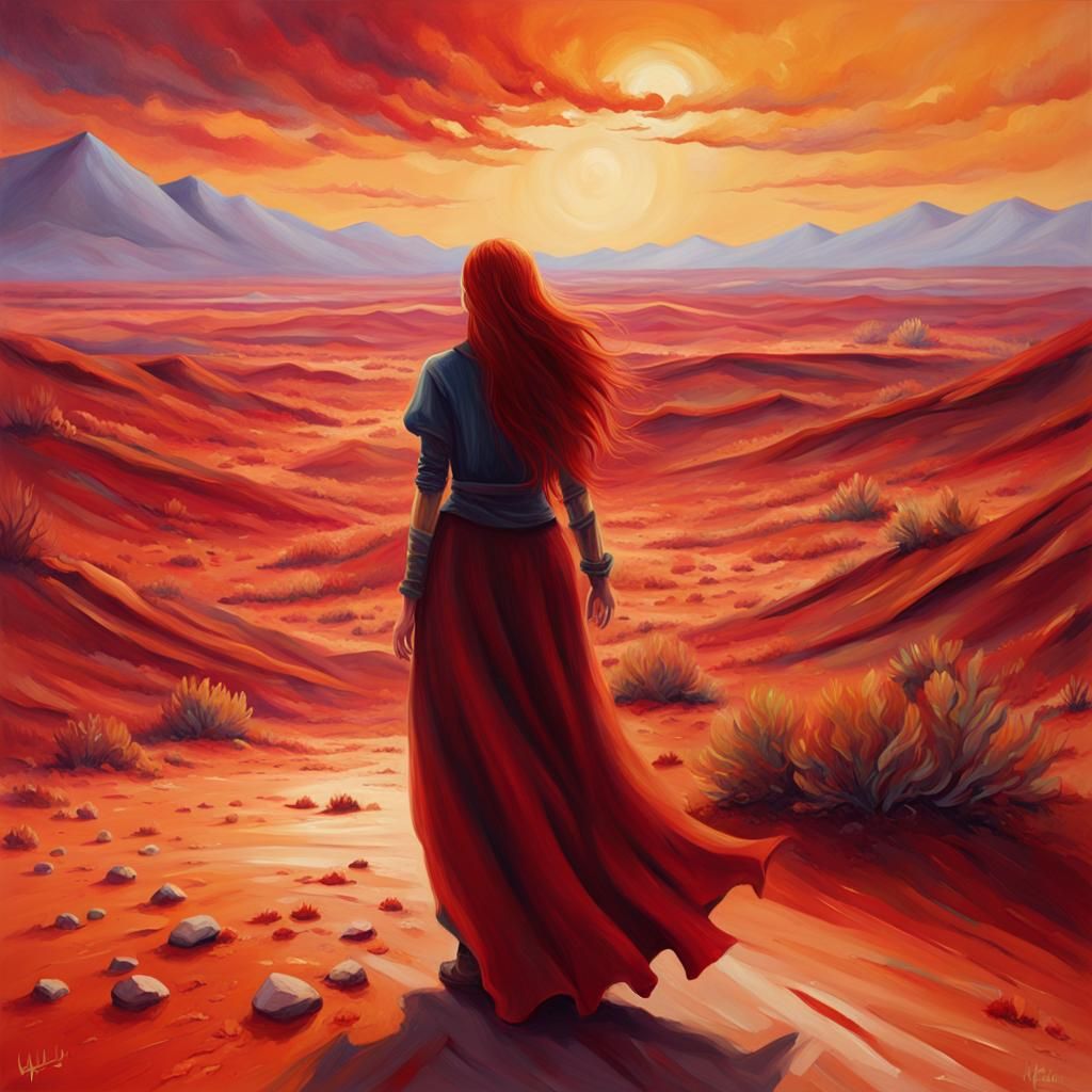 Red-Haired Woman in Fiery Desert Oil Painting