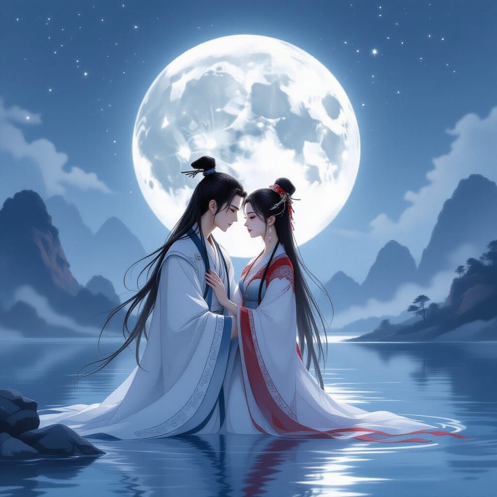 Romantic Embrace Under Moonlight in Chinese Painting Style