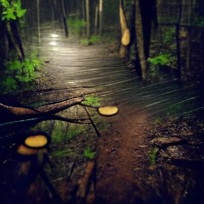Rainy Night Hiking Trail Through Dark Woods