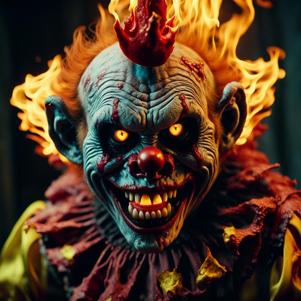 Fiery Zombie Monkey Clown Grinning Maniacally