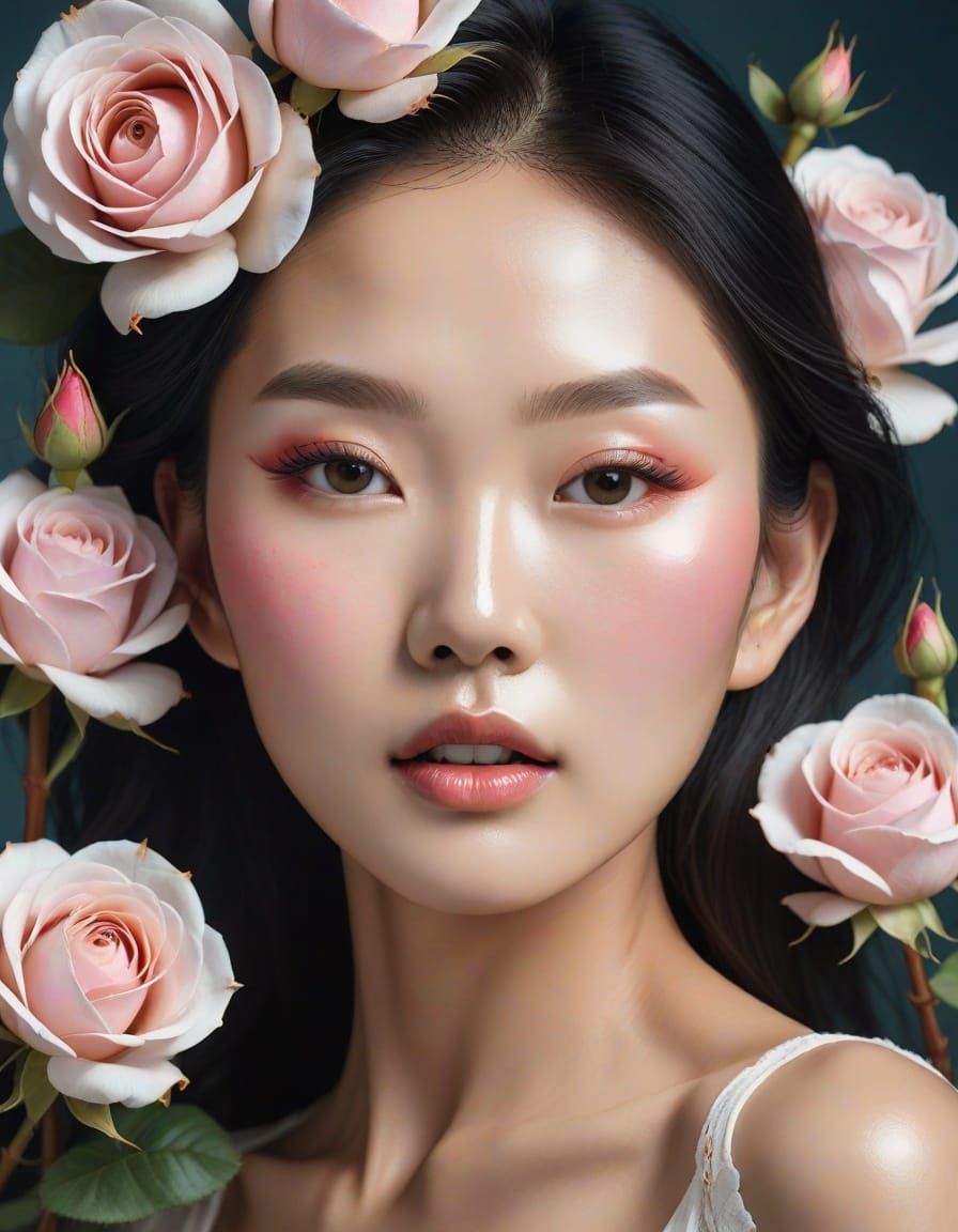 Ethereal Asian Goddess Blooms from Rose Petals in Vibrant Co...