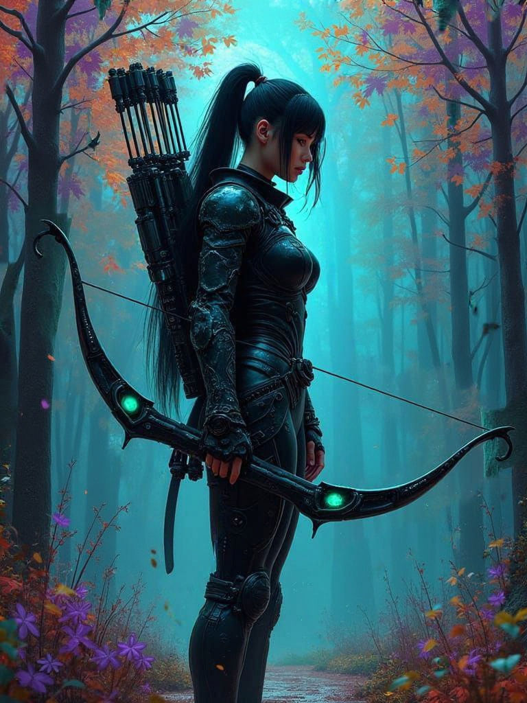 Mysterious Warrior in Vibrant Bioluminescent Forest