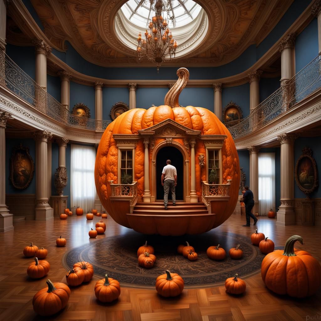 Ornate Pumpkin Mansion Visited by People
