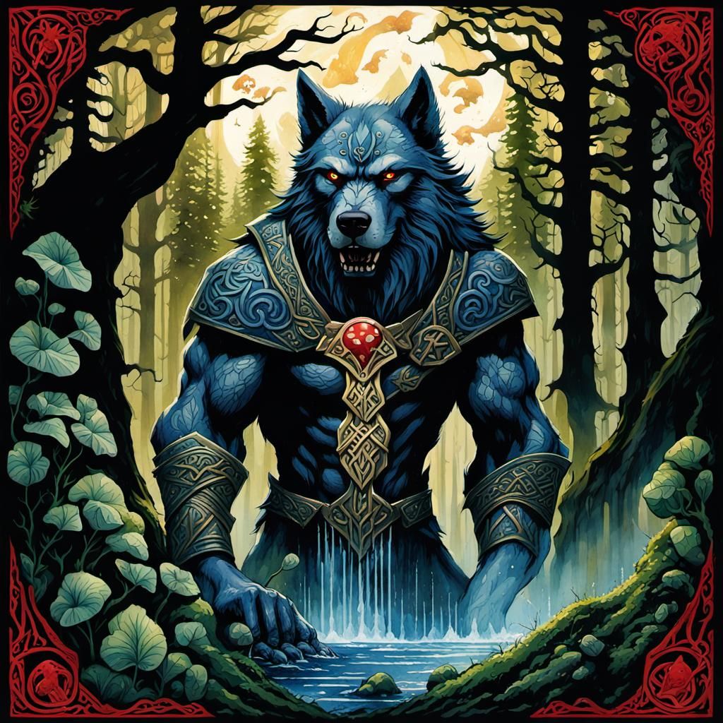 Watercolor Gothic Werewolf in Majestic Forest