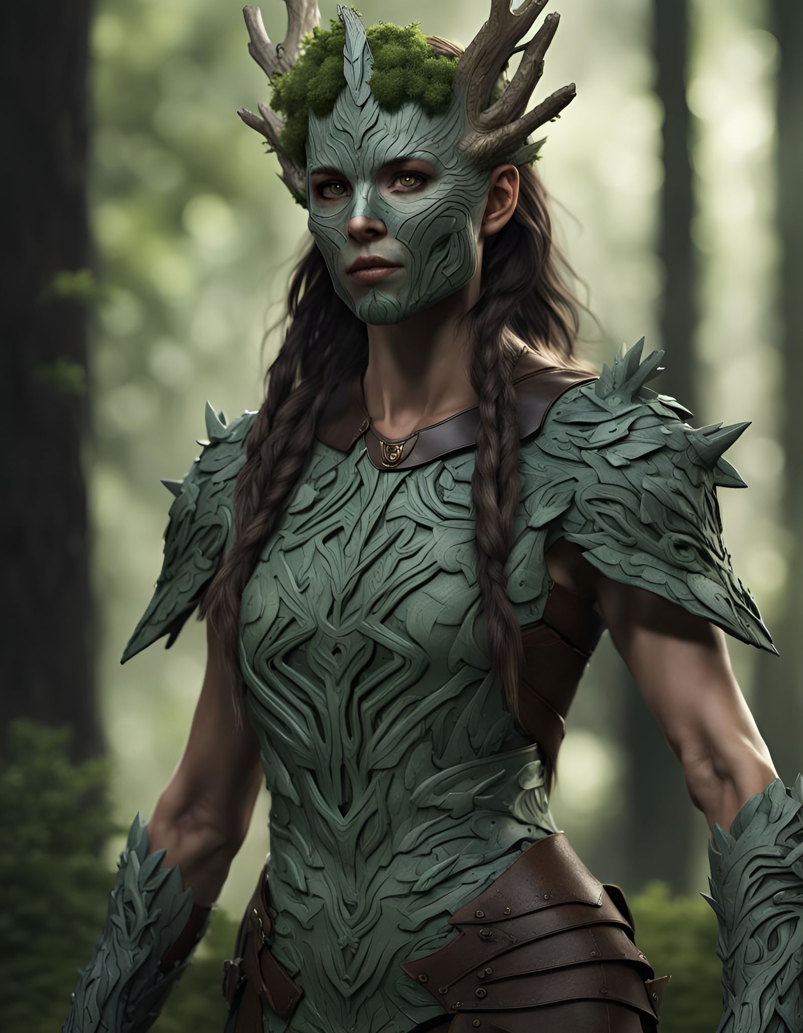 Mystical Druid Portrait in Forest, Photorealistic Style