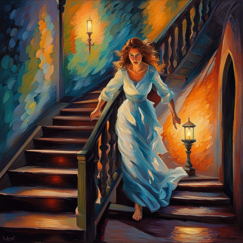 Woman's Flight: Neo-Impressionist Oil Painting in Gothic Cas...