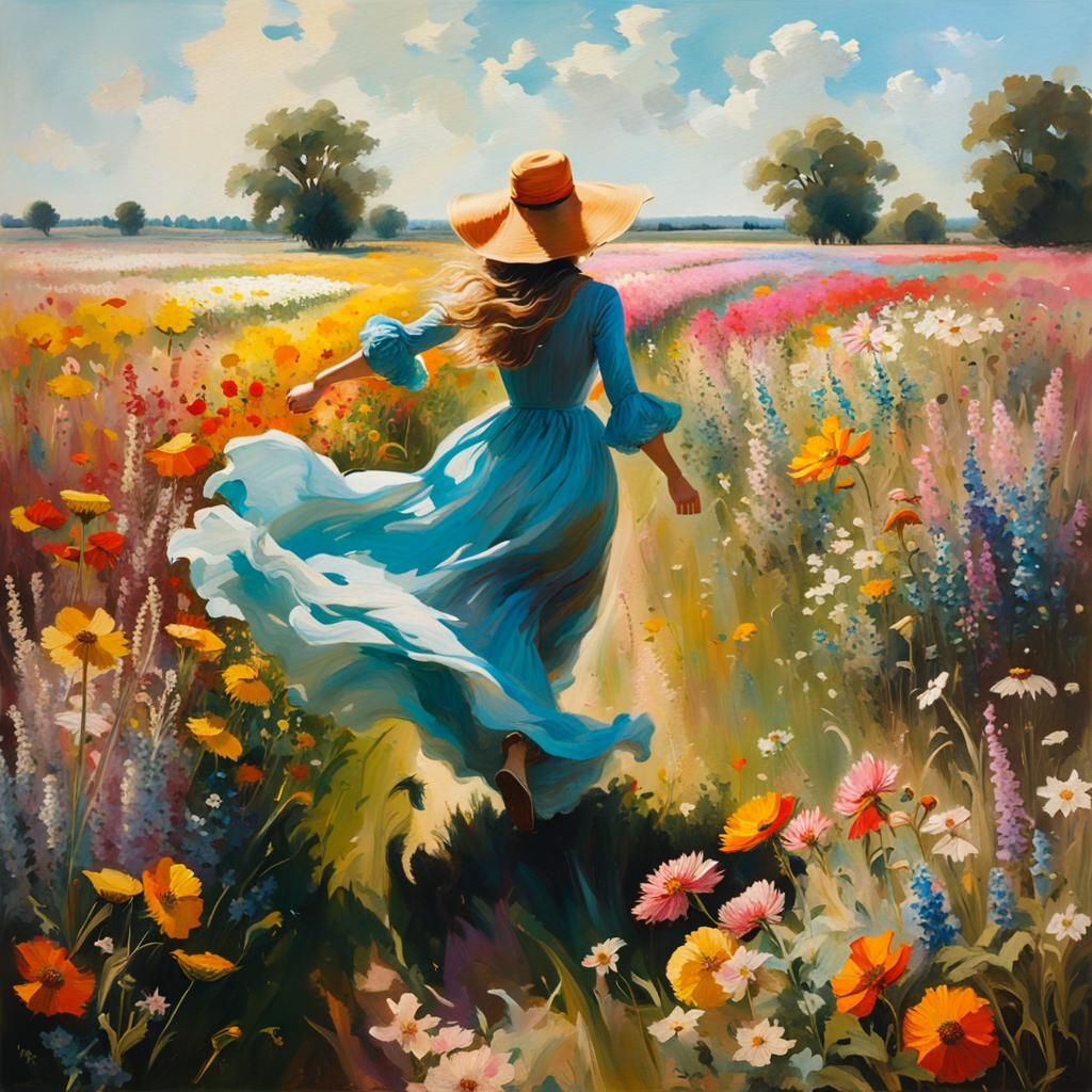 Woman in Flowing Dress Runs Through Flower Field