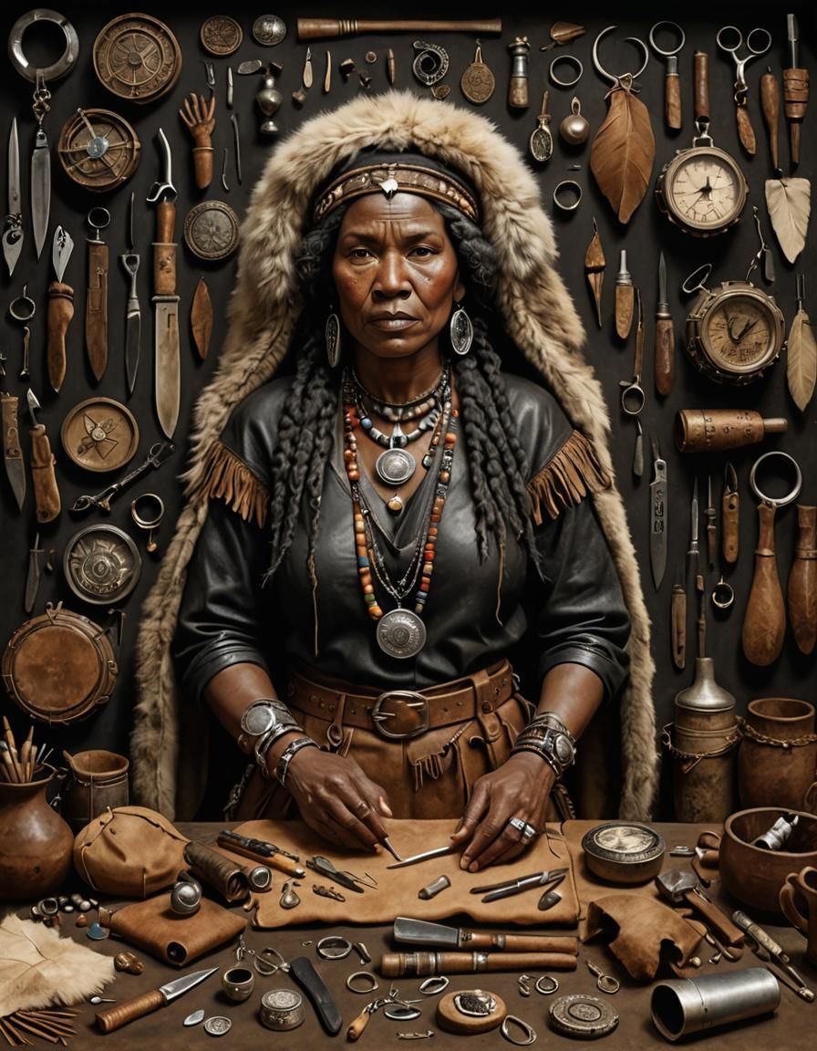 A black cromagnon woman wearing deerskin clothes surrounded ...