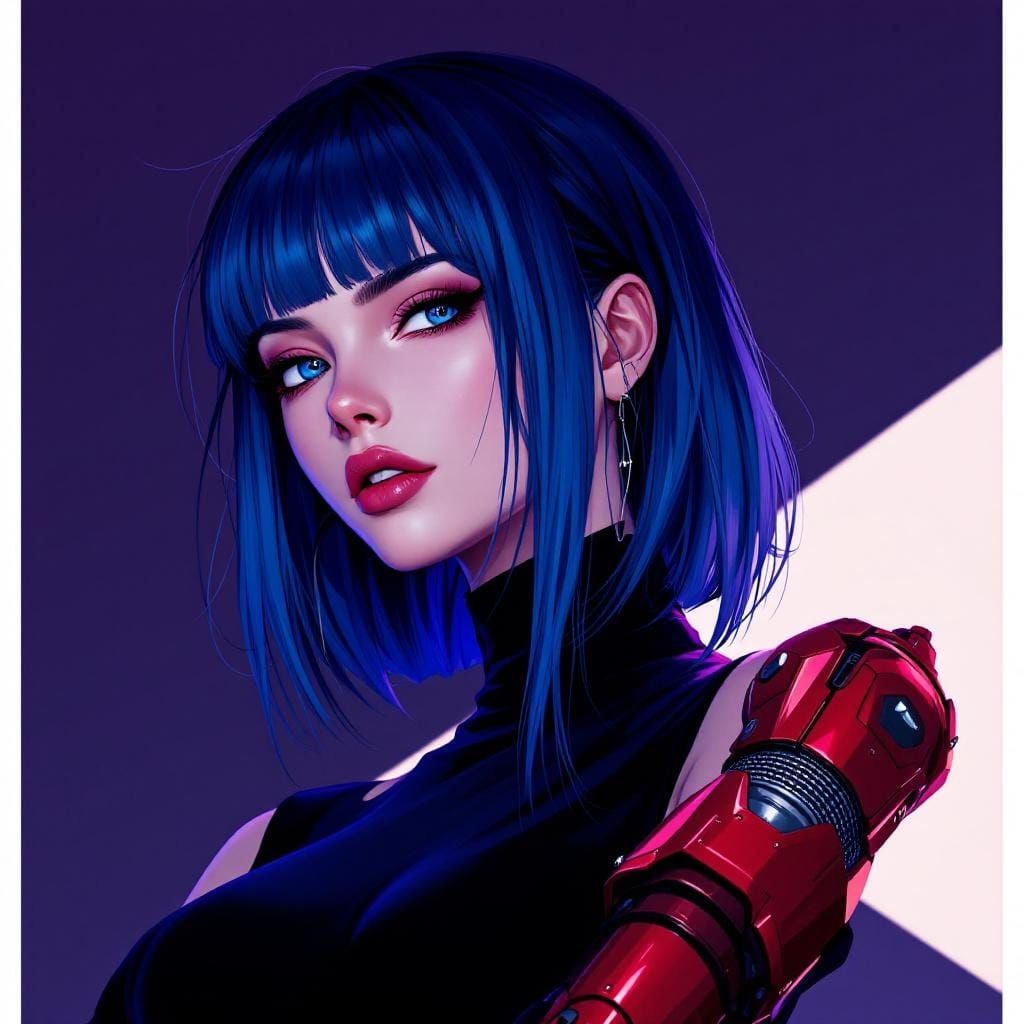 Cyberpunk Woman with Cybernetic Arm in Anime Style