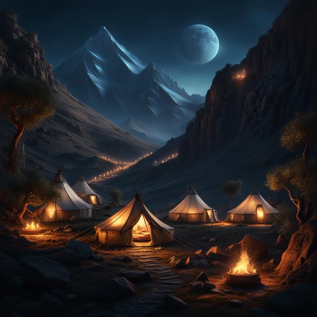 Fantasy Tent Camp in Mountain Foothills at Night