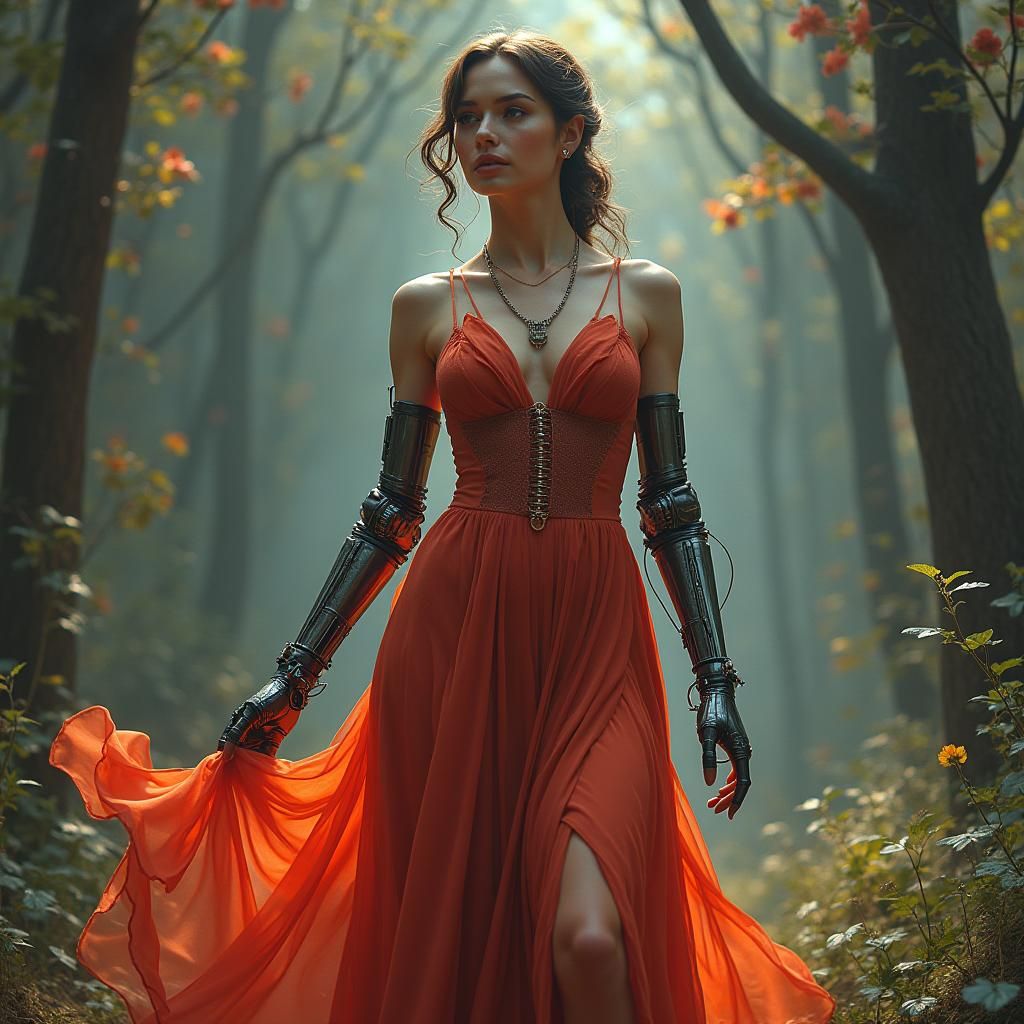 Woman with Cybernetic Limbs in Mystical Setting