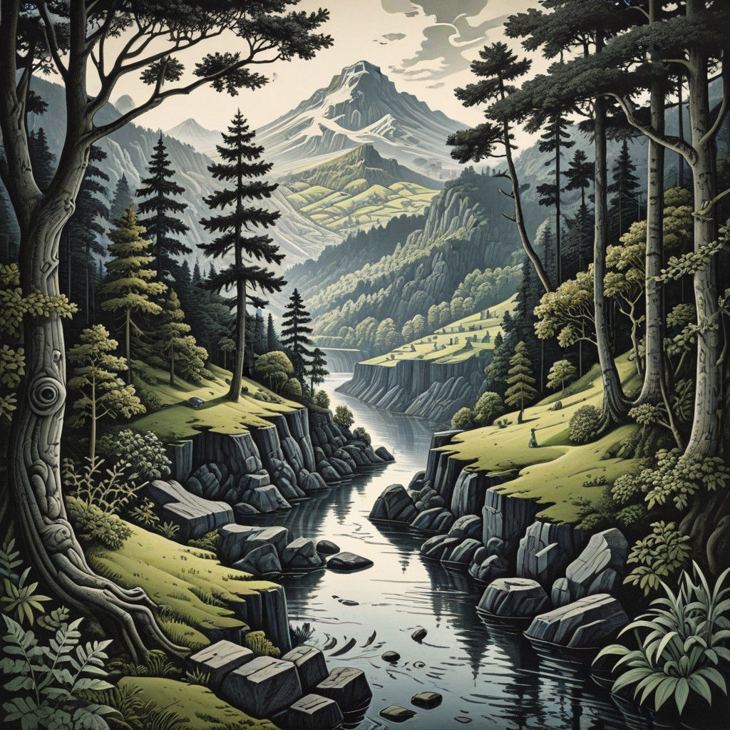 Optical Illusion Landscape in Escher's Signature Style