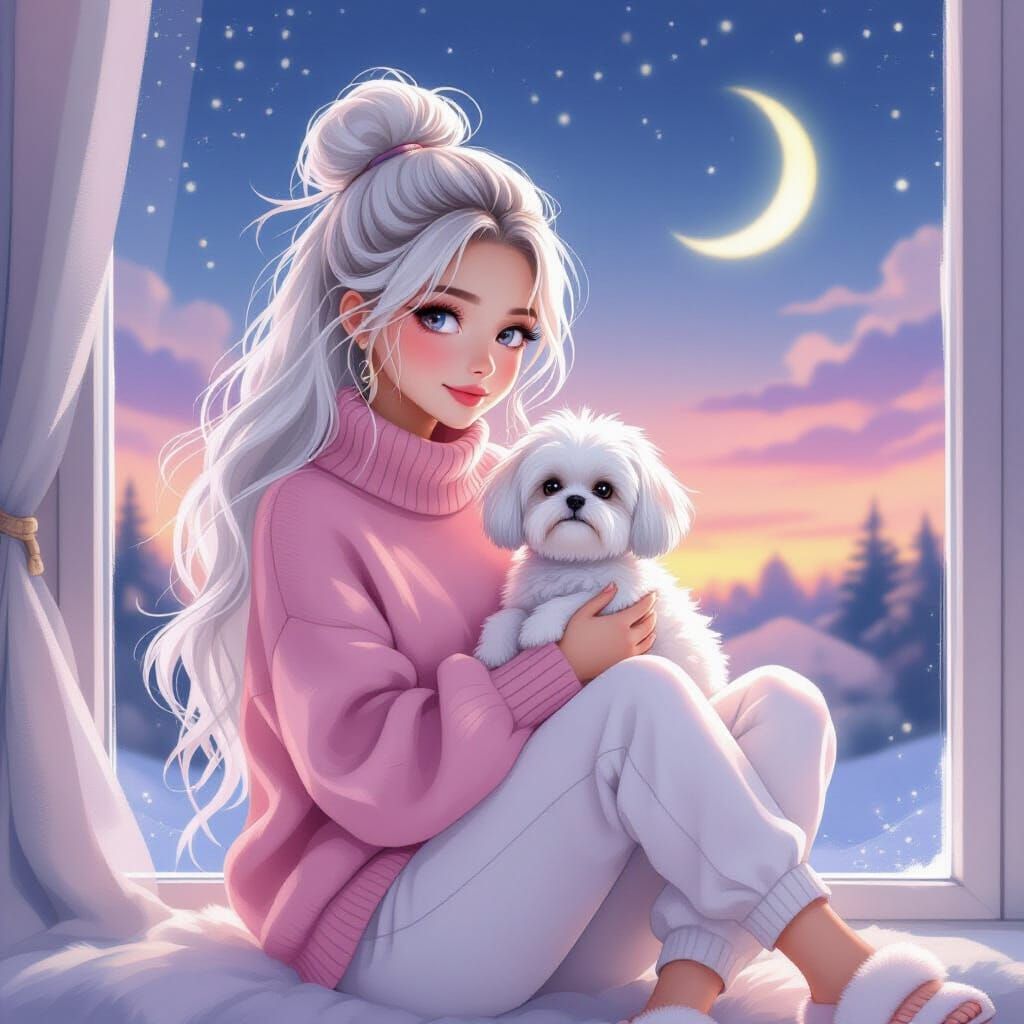 Woman with Ethereal White Hair Holds Maltese Dog