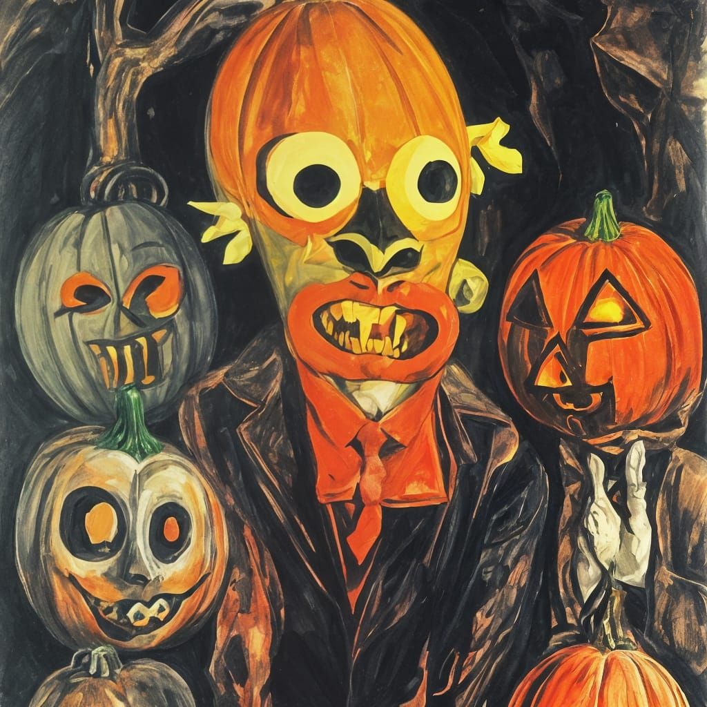 Surreal Pumpkin Mask Reveal in Grotesque Art Style
