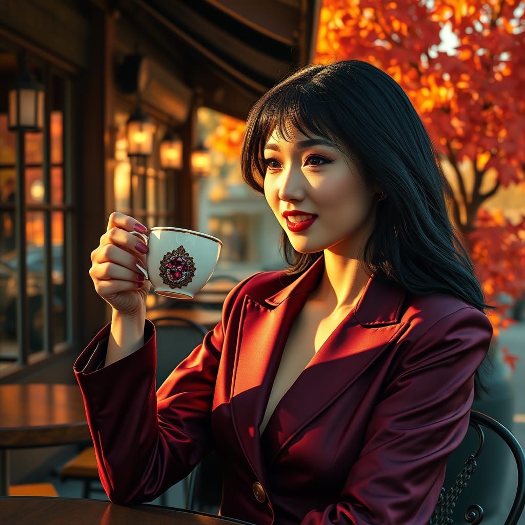Elegant Businesswoman Sips Coffee in Autumn Oasis