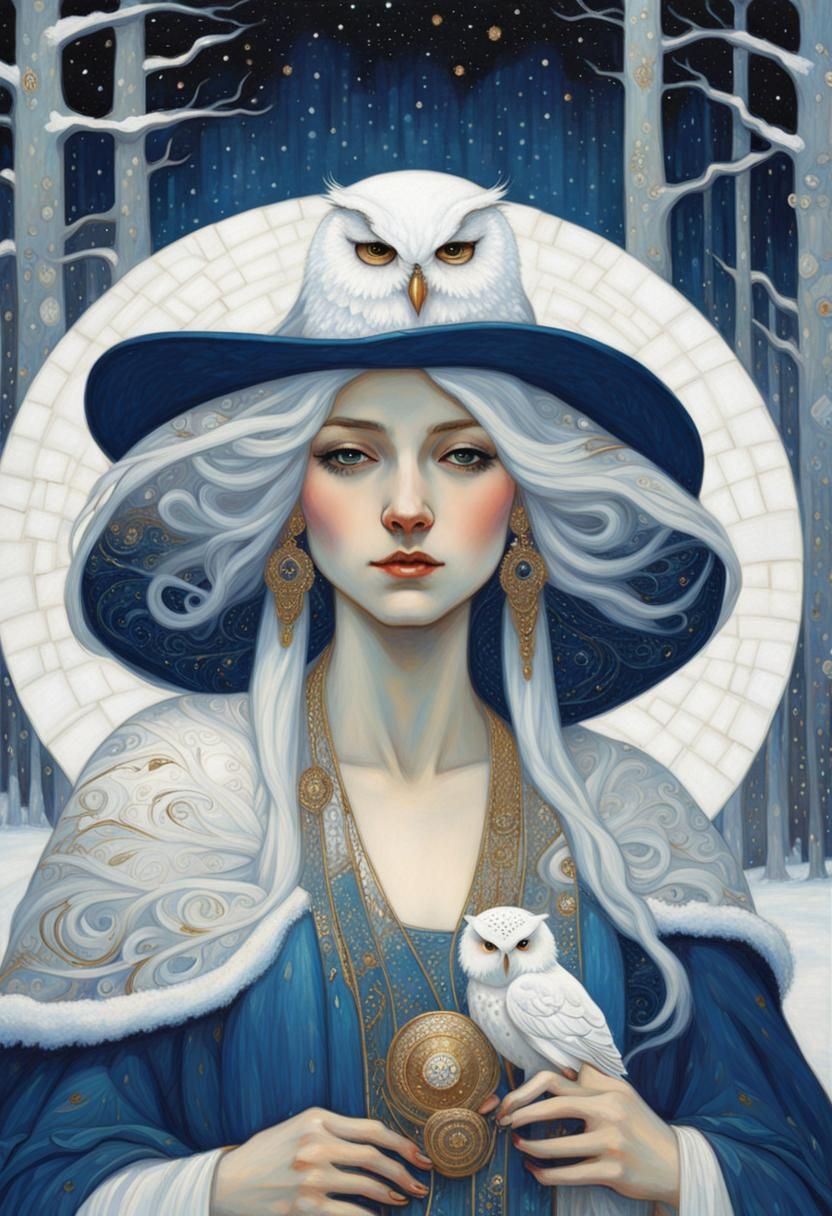 Snow Fairy with Owl in Art Nouveau Style