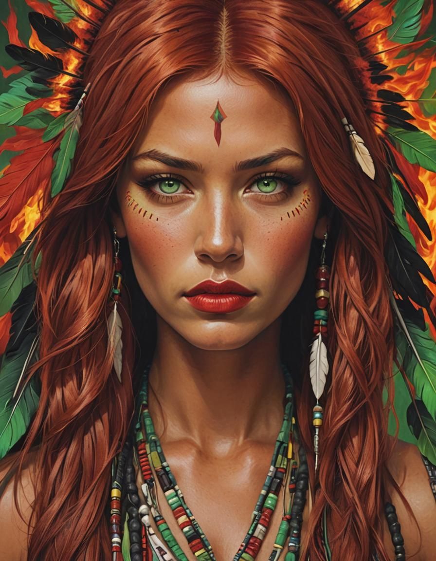 Striking Native American Woman with Fiery Red Hair