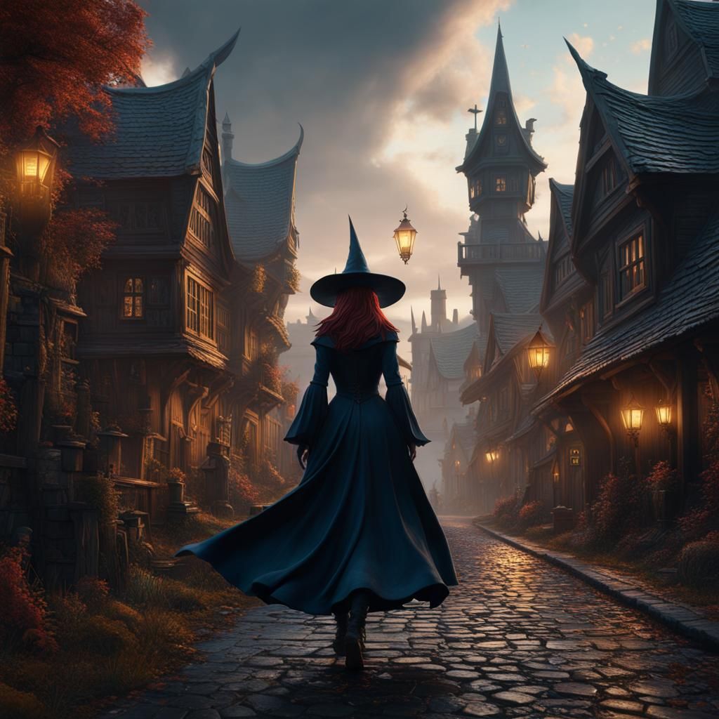 Witch Walking Down Street in Detailed Matte Painting