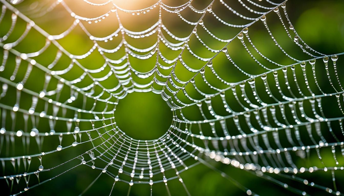 Intricately Detailed Close-up of a Spider Web in Dewy Mornin...