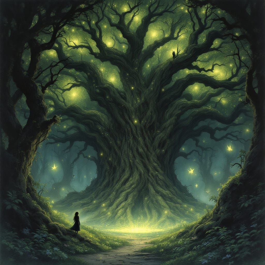Ancient Bioluminescent Tree in Mystical Grove