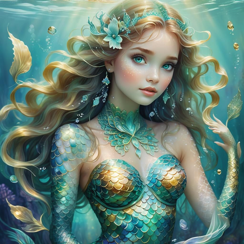 Mermaid with Aqua Eyes in Dreamy Watercolor