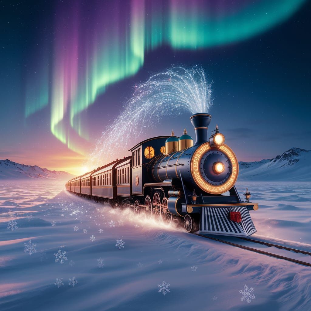 Magical Winter Train Under Aurora Borealis, Fantasy Art