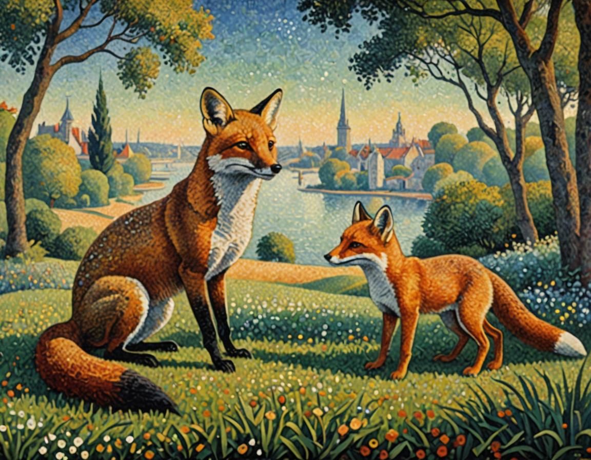 Mouse and Fox in Impressionist Pointillism Style