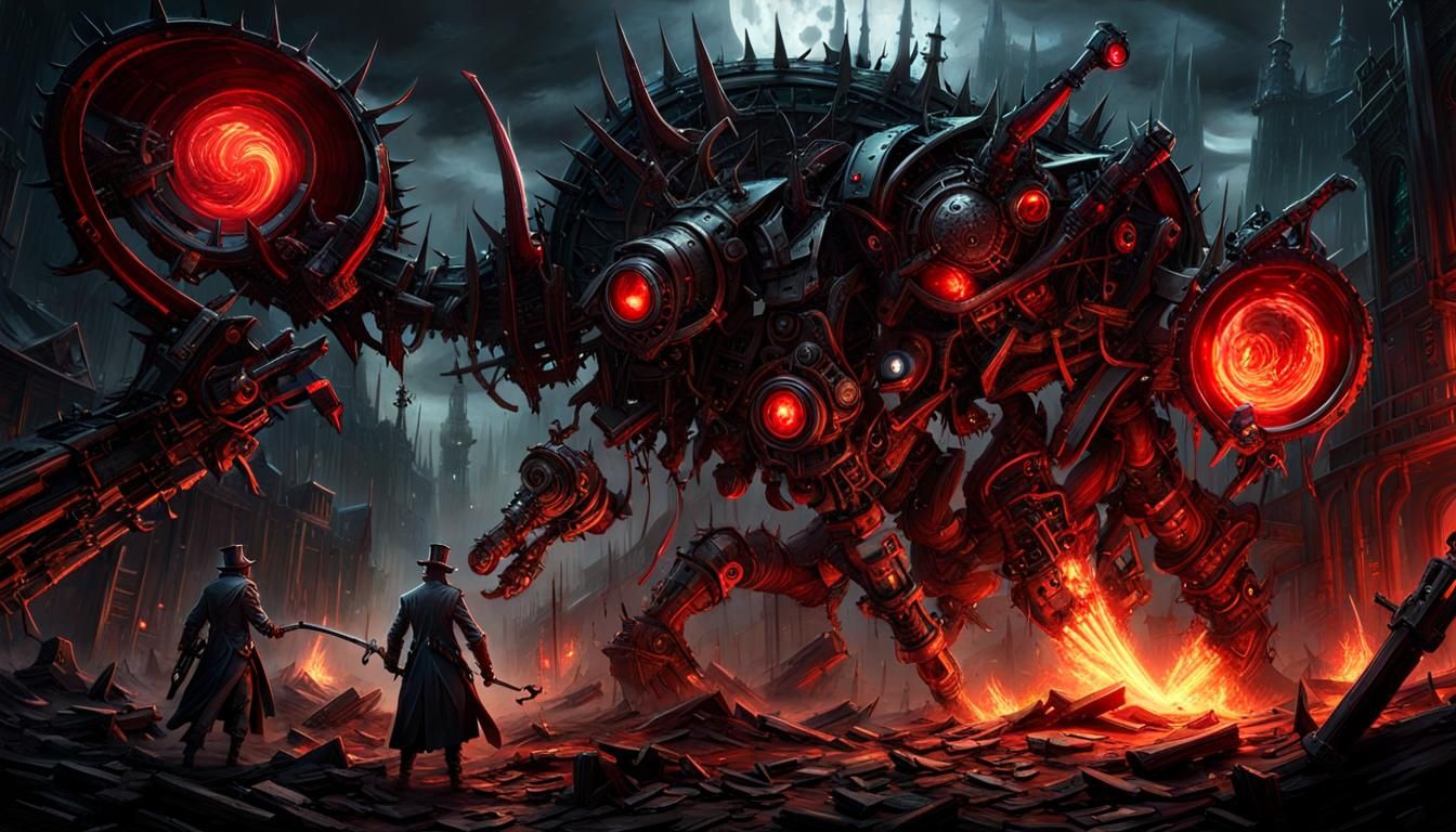 Bloodborne Hunter vs Steampunk Robot in Dystopian Nightmare