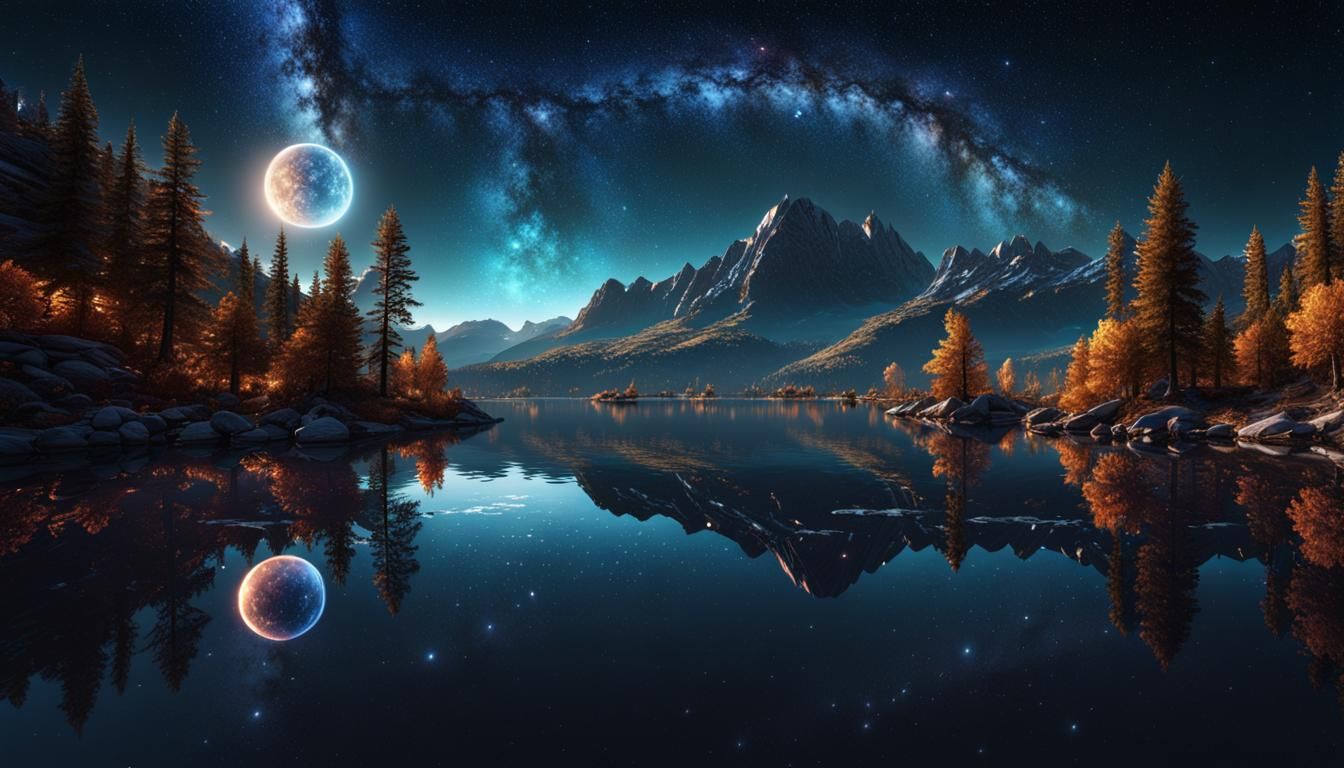 Hyperrealistic Starry Night Sky Reflected in Lake