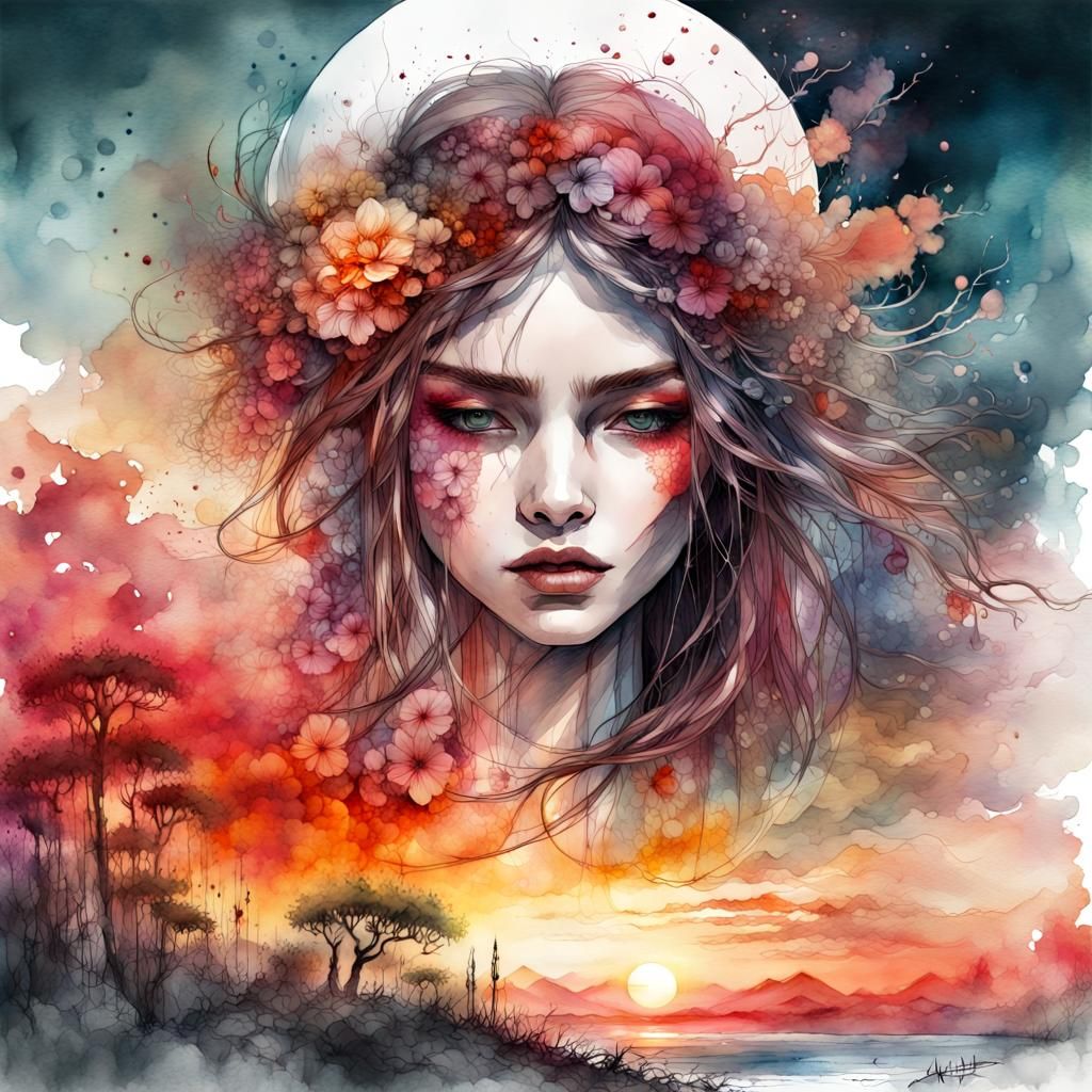 Summerscape Sunset: Digital Watercolor Illustration