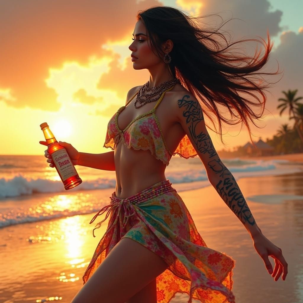Romani Girl Dances on Vibrant Caribbean Beach at Sunset in C...