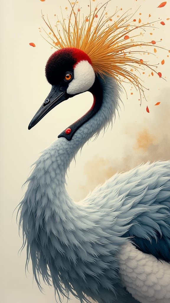 Oriental Crane in Dreamlike Steampunk Watercolor