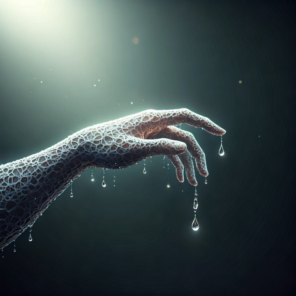 Whimsical Hand Emerges from Shimmering Droplets in a Dreamli...