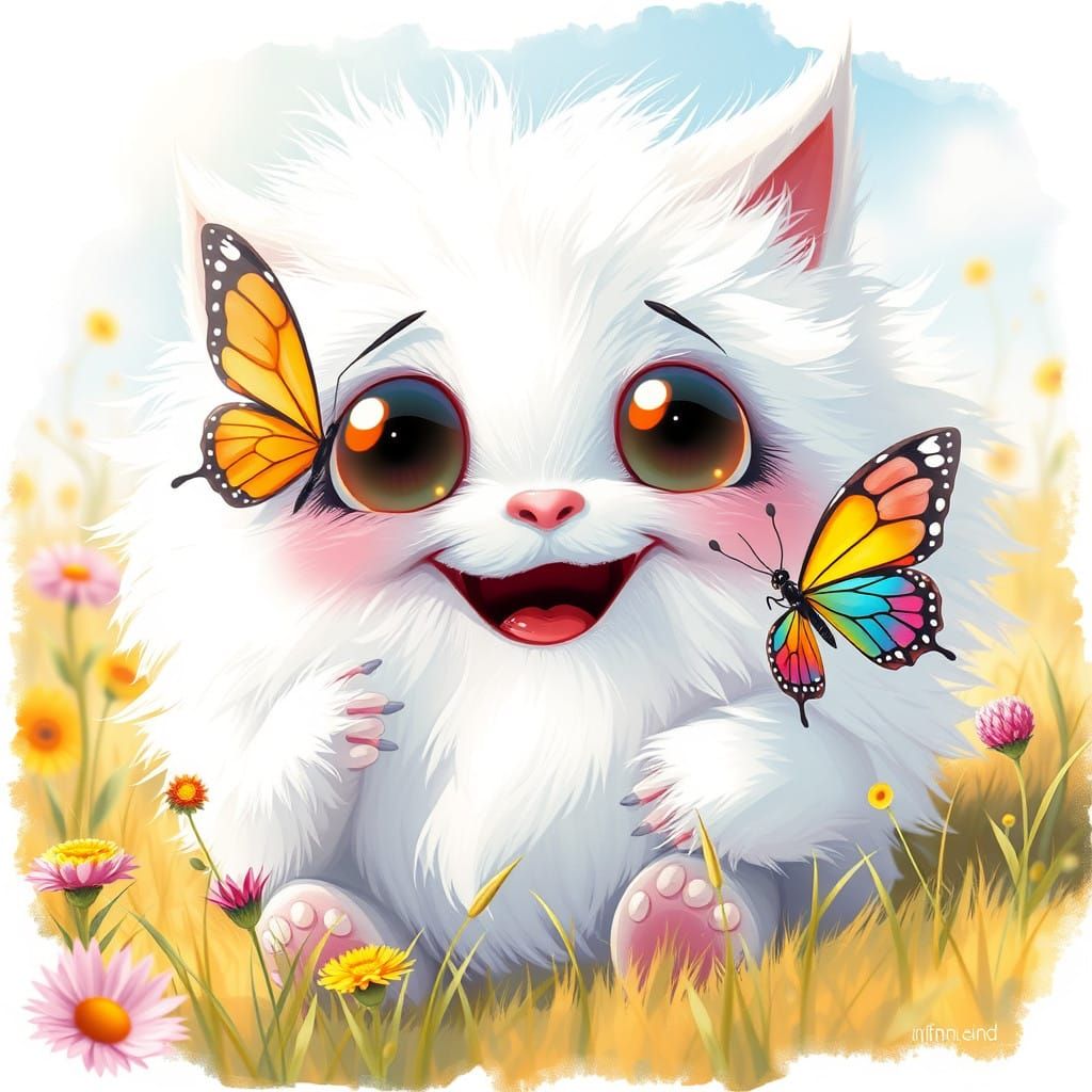 Whimsical Creature Plays with a Rainbow Butterfly in a Sun-D...