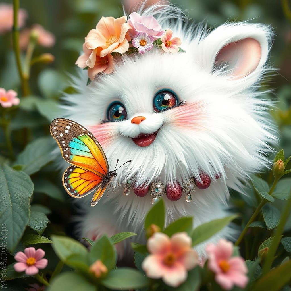 Whimsical Creature Plays with a Rainbow Butterfly in a Sun-D...