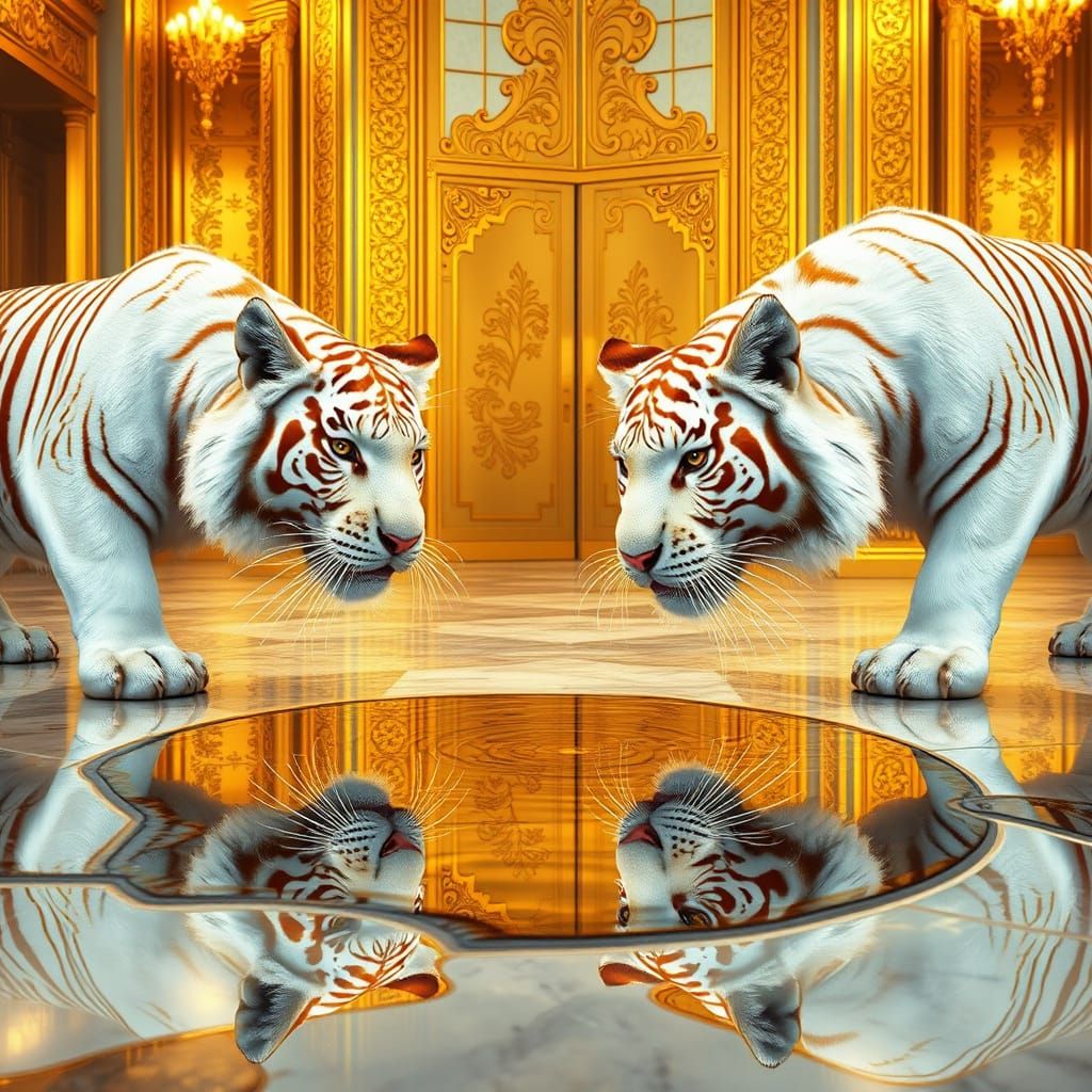 Majestic White Tigers in a Golden Realm