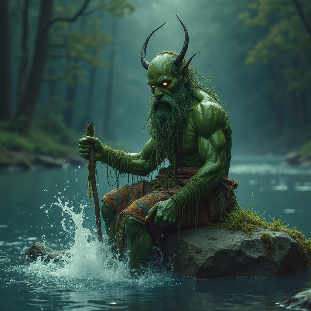 Mystical Vodianyk Water Spirit on River Stone