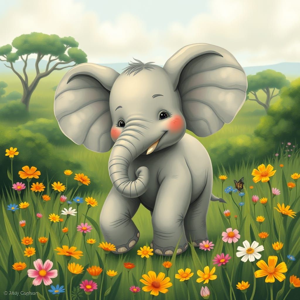 Whimsical Baby Elephant in Vibrant Savannah