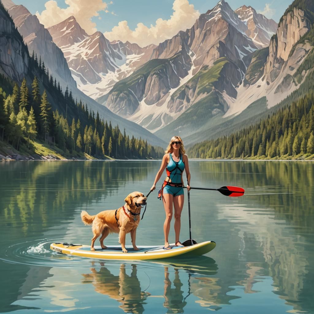 Woman Paddleboarding with Puppy in Sunny Lake