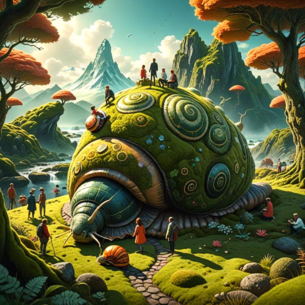 Picnic on a Giant Snail in a Surreal Landscape