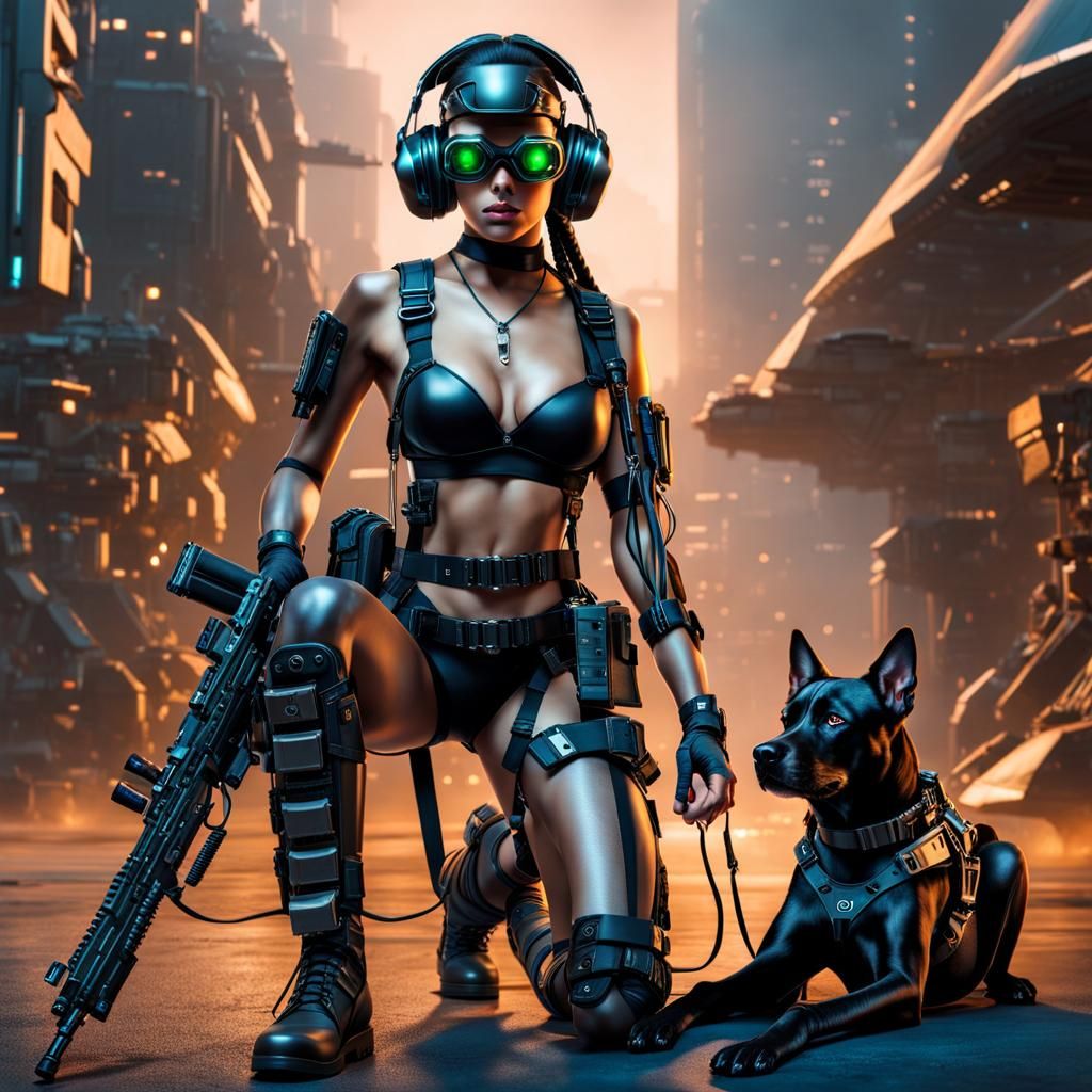 Beautiful Cyborg Woman and Dog in Dystopian Scene