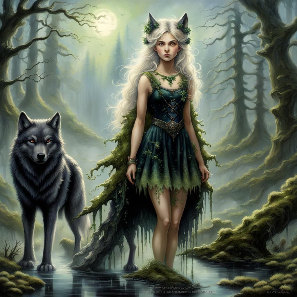 Mystical Swamp Princess with Wolf Ears in Ethereal Style