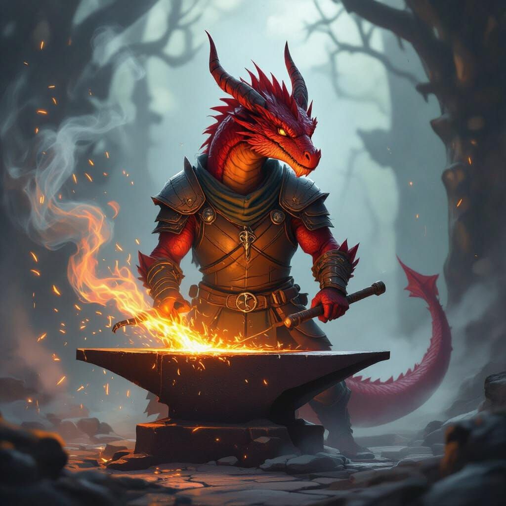 Red Dragonborn Blacksmith Forging Metal with Ethereal Mist